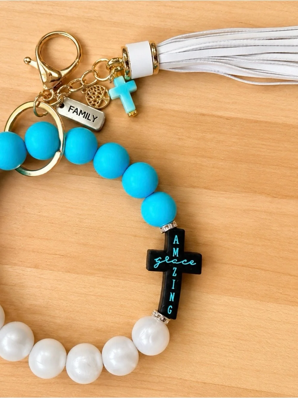 Turquoise & White Amazing Grace Beaded Keychain with Tassel
